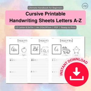 A-Z Cursive Handwriting Practice Sheets | Calligraphy Tracing Workbook for Kids | Digital Download | Letters, Words, Colors, Seasons & More