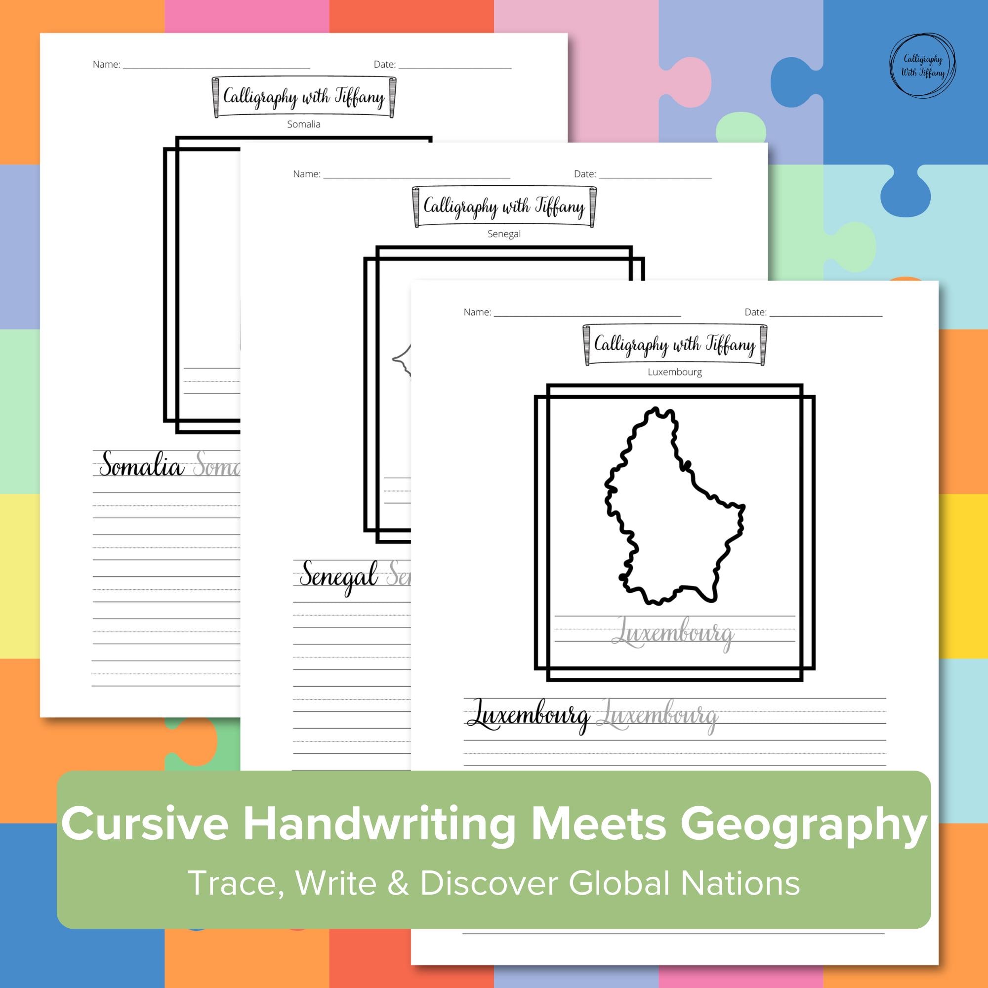 Global Countries Around the World Cursive Writing Worksheets | Fun ...
