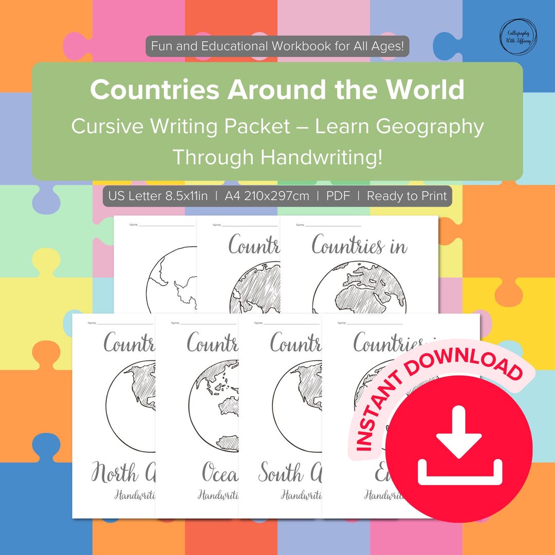 Global Countries Around the World Cursive Writing Worksheets | Fun ...