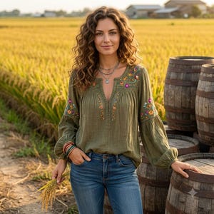 May include: An olive green long-sleeved blouse featuring a split neckline and intricate floral embroidery in shades of pink, orange, and blue across the chest and sleeves, paired with blue denim jeans and a stack of colourful beaded bracelets.