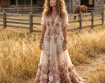 Boho Floral Maxi Dress Rose Embroidery V Neck Short Sleeve Flowy Vintage Romantic Summer Garden Dress