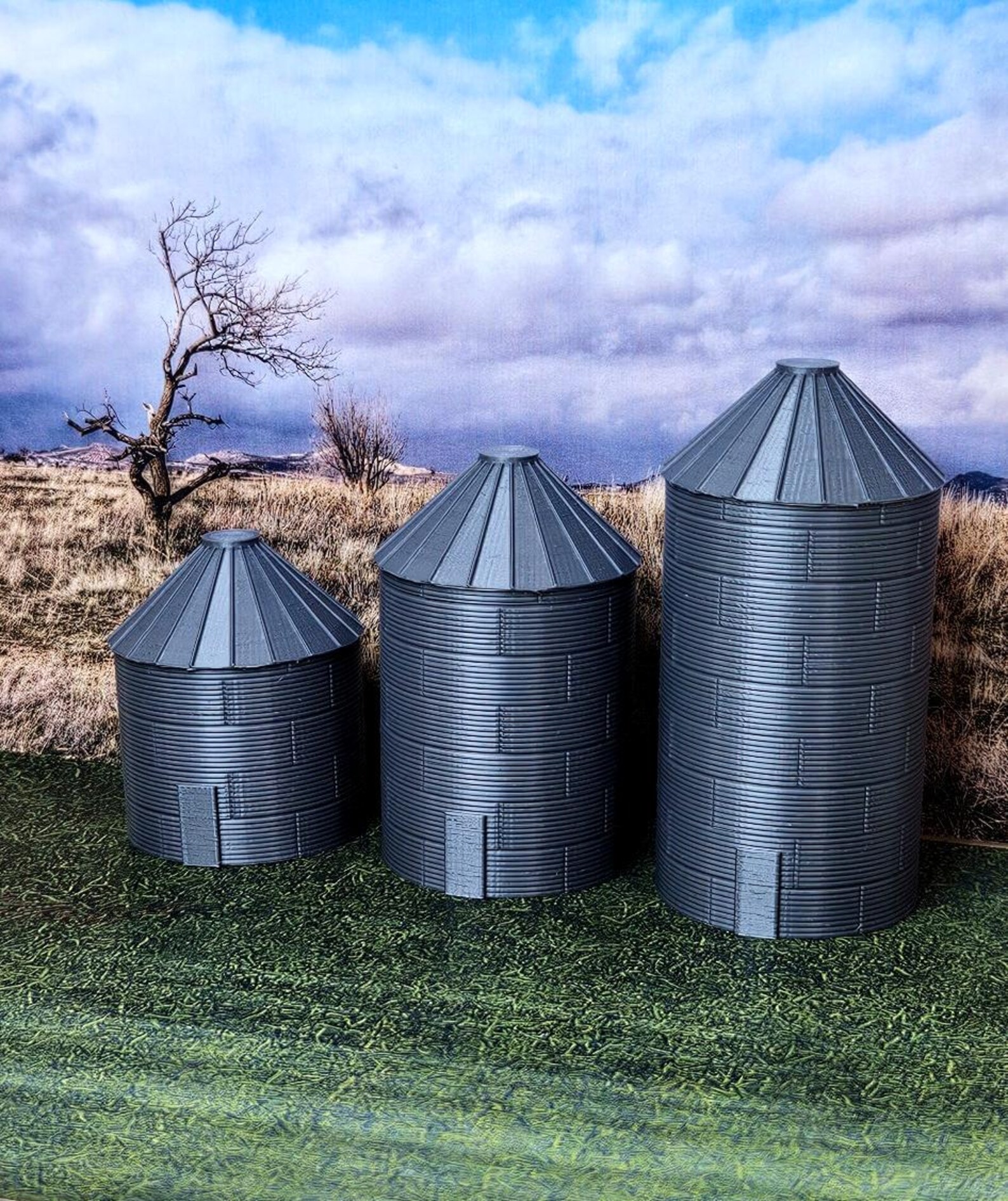 N Scale Rice Field N Scale Grain Silo Set – 20ft, 30ft, and 40ft Unpainted Gray PLA+ Model ...