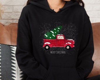 Red Christmas Truck Hoodie Vintage Red 