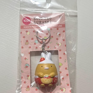 kawaii Japanese sumikko gurashi strawberry tonkatsu squishy keychain / cute unique accessories , perfect for car keys , trinkets , and gifts