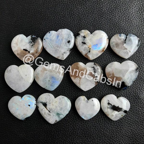Rainbow Moonstone Heart, Moonstone Heart Crystal, Wholesale Rainbow Moonstone Heart Cabochon, Moonstone Puffy Heart For Jewelry Making Stone
