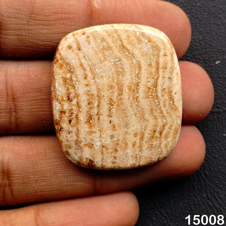 Puede incluir: Una piedra preciosa rectangular pulida con esquinas redondeadas. La piedra presenta un color base beige con intrincados patrones marrones en forma de onda. La textura parece suave y la forma general es sim&eacute;trica. La piedra preciosa se sostiene en una mano.
