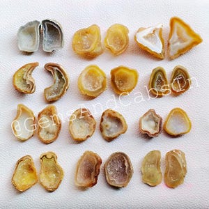 May include: An assortment of geode halves in shades of grey, yellow, and brown, with crystal interiors. Some geodes feature white and purple crystals. The image includes the text "@GemsAndCabs". These natural formations are ideal for collectors.