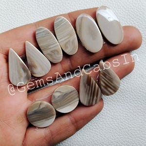 Puede incluir: Surtido de 10 cabujones de ágata natural en varias formas y tamaños. Los cabujones son una mezcla de colores marrón, blanco y gris con un patrón de bandas. Los cabujones se muestran en una mano.