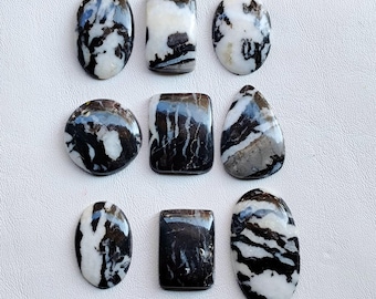 Puede incluir: Nueve piedras preciosas de jaspe cebra pulidas en varias formas: ovalada, rectangular y de lágrima. Las piedras presentan un llamativo patrón en blanco y negro, con las áreas blancas que se asemejan a rayas de cebra. Las piedras preciosas se exhiben sobre una superficie blanca.