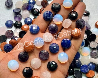 Faceted Round Gemstone Cabochons, 16mm Crystal Stone Mix, Jewelry Making Lot