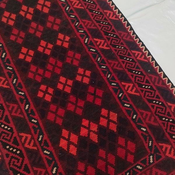 3x6 Antique Kilim Rug - Red Turkmen Handmade Wool Area Rug - Flat Weave Kilim Rug - 3'5x6'2 Ft Afghan Vintage Rug - Rugs for Living Room