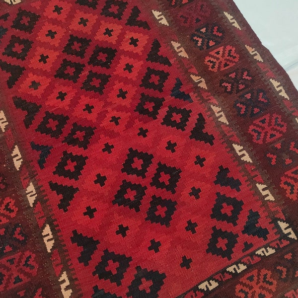 3.3x4.4 Ft Antique Kilim Rug - Red Afghan Handmade Wool Area Rug - Flat Weave Kilim Rug - 3x5 Vintage Kilim Rug - Entryway Rug - Kitchen Rug
