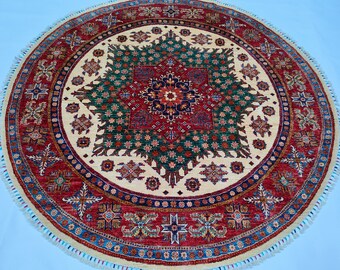 7x7 Round Area Rug - Top Quality Red Cream Green Hand knotted Persian Style Veg Dye 100% Wool Rug - Rugs for Living Room - Bedroom Rug