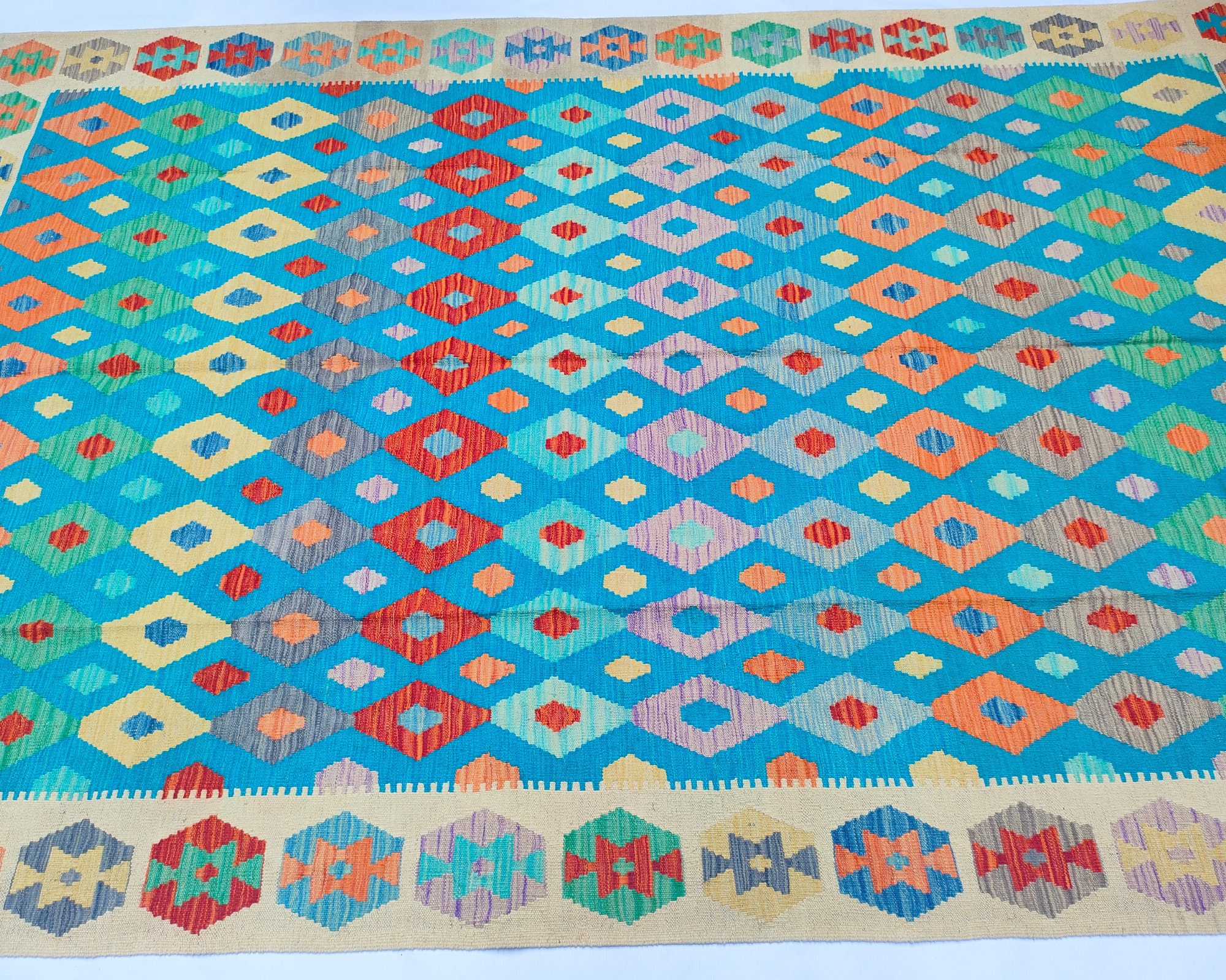 7x10 Afghan Kilim Area Rug Turquoise Blue Handmade Geometric Wool Kilim