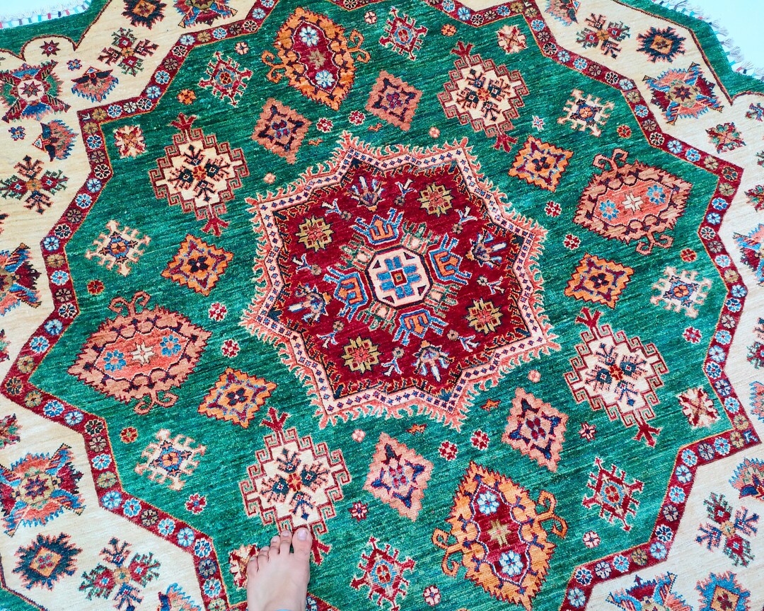 7x7 Round Kazak Area Rug Green Hand Knotted Floral Design Veg Dye 100