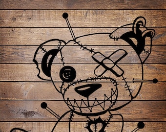 May include: A black and white illustration of a stitched teddy bear with a stitched heart, a bandage over one eye, and needles sticking out of it. The bear is sitting on a wooden surface.