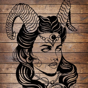 May include: Black silhouette of a woman with horns, a pentagram pendant, and intricate hair details. The artwork is set against a wooden background, creating a striking contrast. The design features a detailed, stylized illustration.