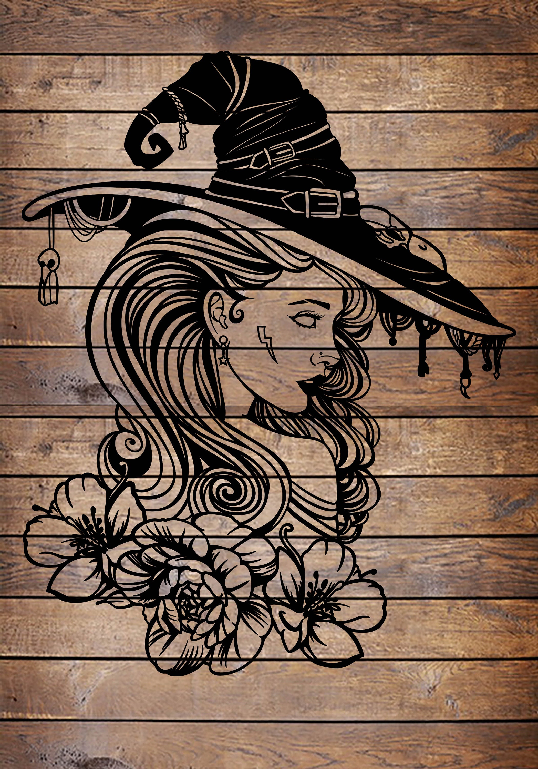 SVG/PNG Beautiful Witch Wiccan Cool Horror Tattoo Stencil for Cricut