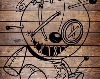 May include: A black and white line drawing of a voodoo doll with a stitched-up mouth, button eyes, and a button nose. The doll is sitting on a wooden surface.