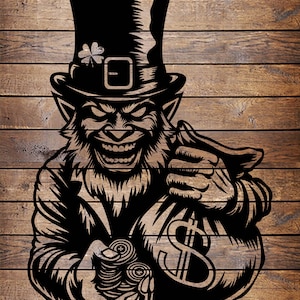 May include: A black and white illustration of a leprechaun holding a bag of gold coins. He is wearing a hat with a shamrock on it and has a mischievous grin.