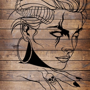 May include: Black and white line art illustration of a woman with horns, a large hoop earring, and a skull ring on her finger. Her eyes are closed and she is looking down.