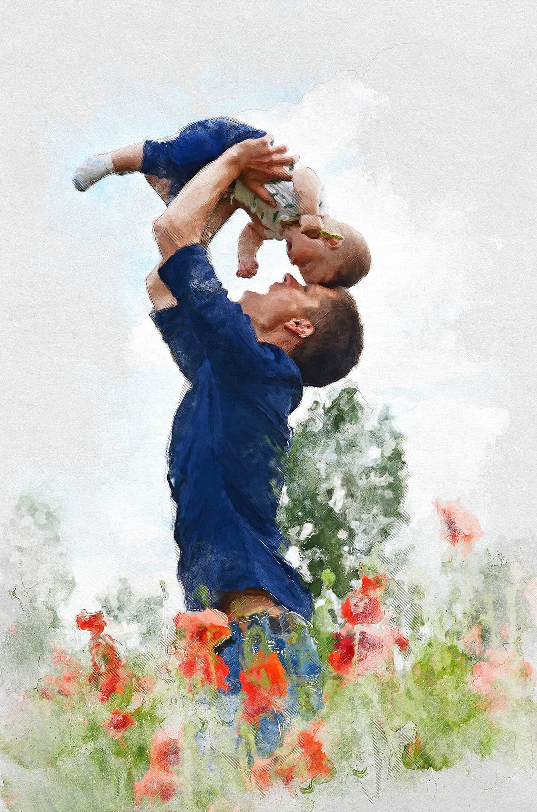 Custom Fathers Day Portrait From Photo, Personalized Digital Watercolor ...