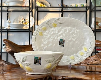 plate / salad bowl with lemon / white ceramic tableware / Bowl with lemon pattern / handmade in Portugal / serving / gift