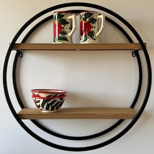 Round Wall Shelf Wood & Metal – 24.8” Diameter, 2 Tiers, Industrial Wall Decor Shelf