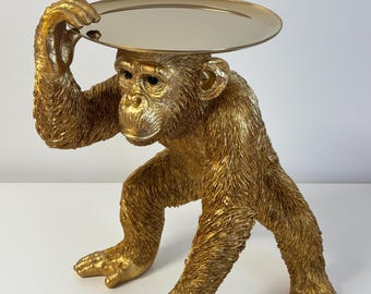 Gouden butler-aap met dienblad – designsculptuur, bijzettafelbeeldje, luxe woonaccessoire, apenbeeldje, decoratief object, cadeau-idee