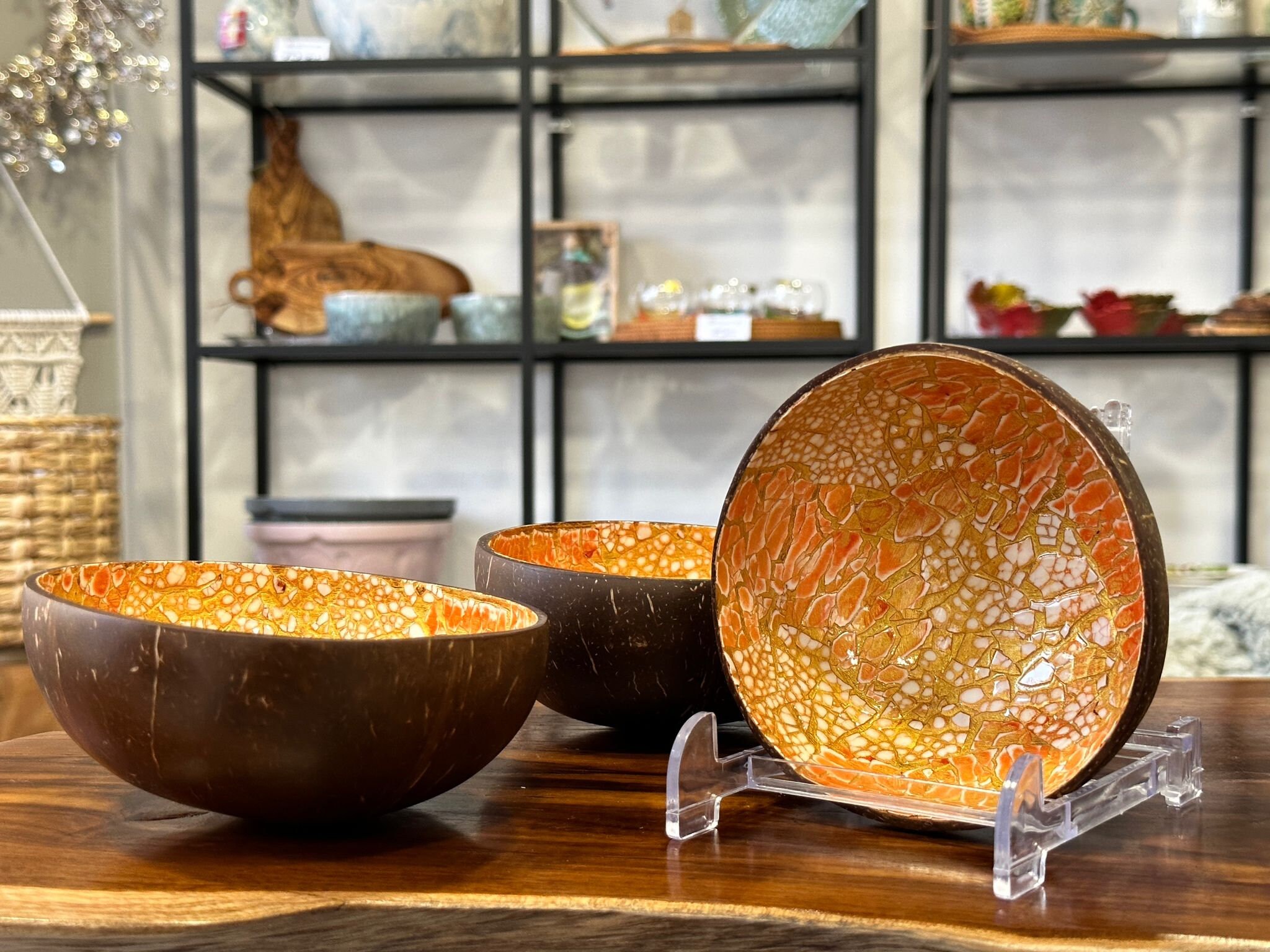 Hiseng Bol en Noix de Coco Imprimé à Jet d'encre,Bol de Coquille de Noix de Coco Naturelle - Bol de Stockage Réutilisable,Bol de Décoration, pour des Clés, Bijoux,Noix,Bonbons (Bleu