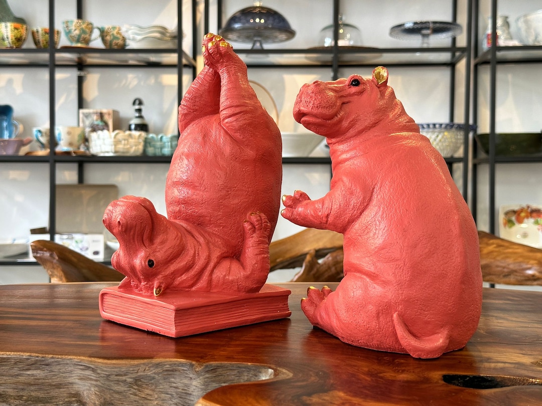 Hippopotamus Bookends / Hippo Book Holder Pink / 2 Piece Set / Statue