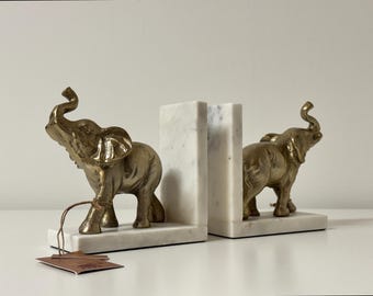Juego de sujetalibros de elefante de mármol y metal: 2 sujetalibros de diseño con figura de elefante dorada, elegante decoración para estanterías.