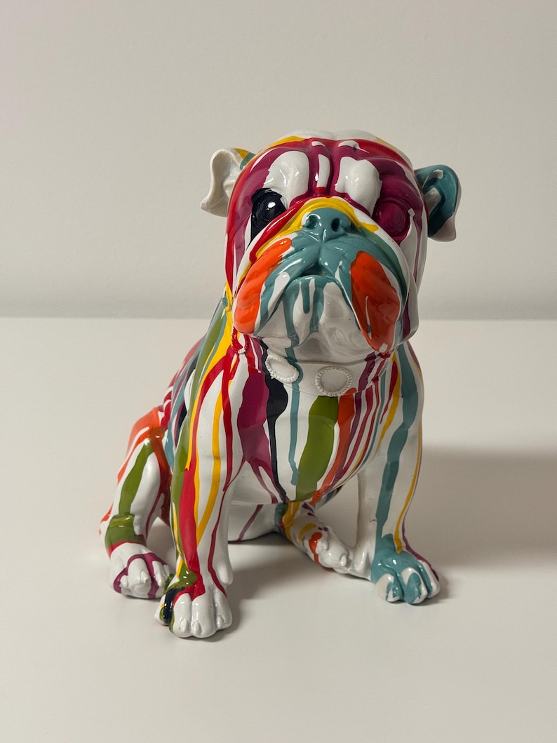 Bulldog Skulptur bunt aus Resin, Pop Art Hund Figur, Graffiti Bulldogge, moderne Wohn Deko, Statement Tierfigur, Design Wohnaccessoire Bild 2