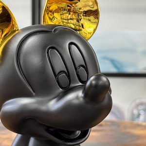Mickey Mouse Style Figurine – Matte Black with Gold Ears, Modern Pop Art Sculpture, Comic Decor, Shelf Sitting Statue