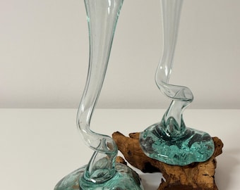 Handblown Glass Vase on Wood Root Base • Sculptural Art Vase • Handmade Glass • Elegant Home Decor • Unique Design
