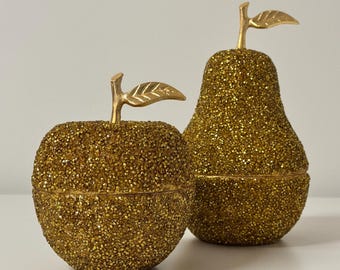 Trinket Box Apple or Pear • Gold Metal Jewelry Box with Crystals • Decorative Storage with Lid • Elegant Home Decor