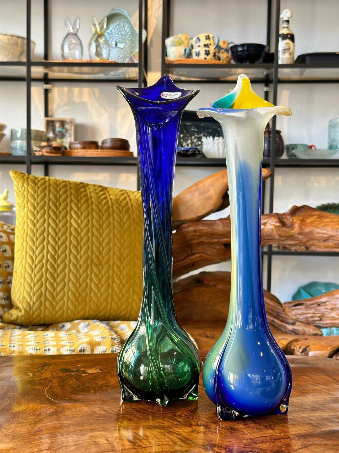 Vase / Italian Flower Vase Made of Murano Glass in Green & Blue