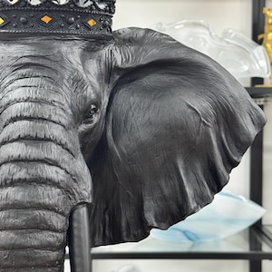 Majestic Elephant Sculpture with Crown – black decorative statue on stand, modern art decor for luxurious interior styling