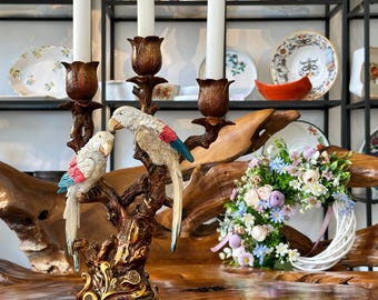 Bougeoir Bronze Art Nouveau Avec Perroquet - Style Ancien Et Déco - 36 Cm