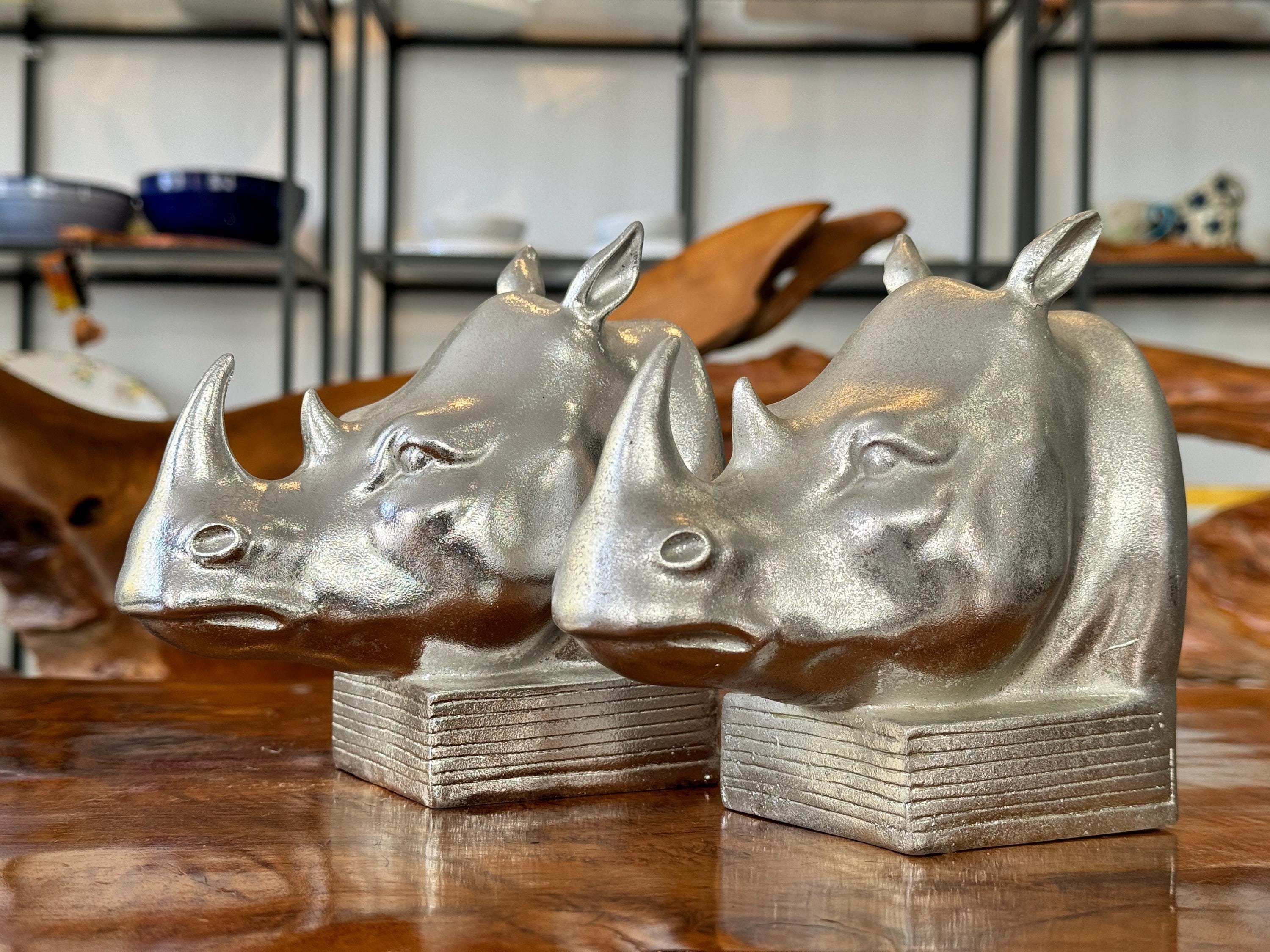 Bookend / Set of 2 Parts / Rhino Silver Figure / Statue