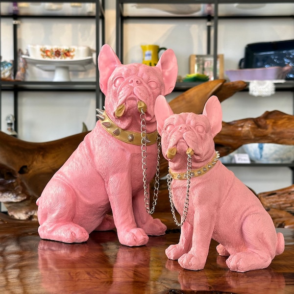 Hund Statue / Bulldogge mit Leine / Hund Skulptur Rosa / Französische Bulldogge / Dekoration / Homedecor / Tiere / Geschenkidee
