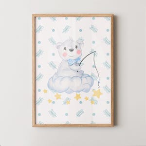 Póster Osito en la Nube | Lámina Bebé Estrellas y Cielo | Decoración Infantil Digital Descargable