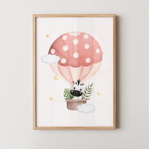 Póster Globo Rosa Cebra | Lámina Infantil Digital Animales Adorables | Decoración para Habitación de Bebé Descargable