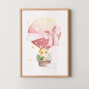 Póster Globo Rosa Jirafa | Lámina Digital Animales Bebé | Decoración Descargable para Habitación Infantil