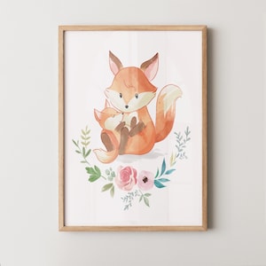 Póster Mamá Zorro y Bebé | Lámina Familiar de Animales para Habitación Infantil | Arte de Pared Tierno Digital