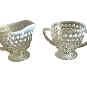 Anchor Hocking Moonstone Clear Opalescent, Hobnail Creamer & Sugar, 1940s  EB