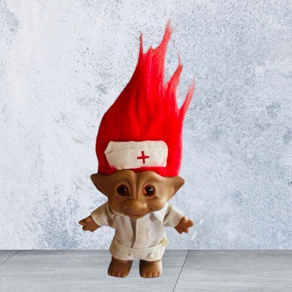 Nurse Troll Doll by Ace, 1990s, 4", Gem Heart on Tummy