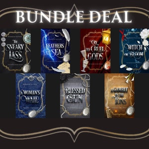 May include: A bundle deal of 7 fantasy romance novels with covers featuring various imagery, including feathers, a witch, a gun, a woman's wail, a sneaky lass, a gambit in the tons, and a cry to cruel gods.