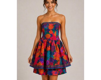 A.J. Bari Silk Dress Floral Strapless Vintage Maximalist Coquette Size 8 Retro
