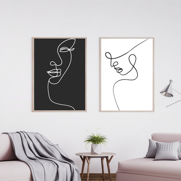 Lot de 2 tirages d'art au trait visage féminin, dessin de figure de femme abstraite, art mural imprimable noir et blanc, croquis de ligne minimaliste, dessin au trait